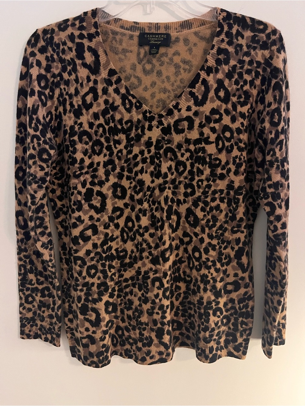 Cashmere Charter Club Leopard Print V-Neck Sweater in Tan and Black